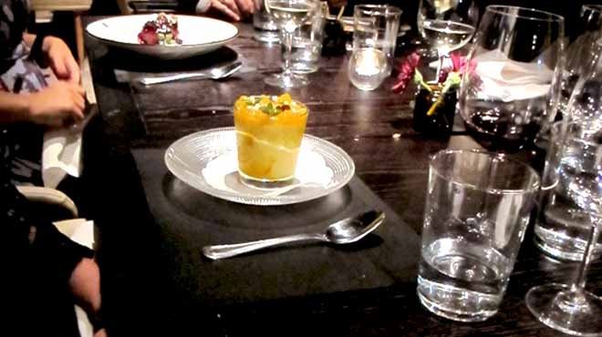 Chilled Mango Mousse Topped with Mango Jelly, Meringue Drops & Baby Basil