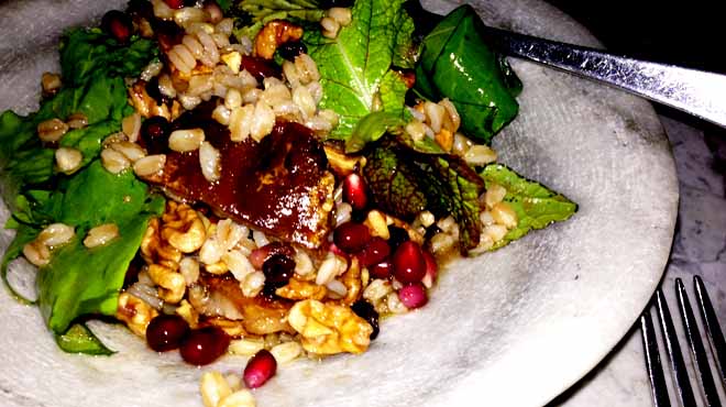 Pigs Tail Salad with Sorrel, Currants, Pomegrante, Farro and Walnuts