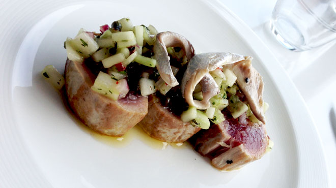 Seared Yellow Tuna, White Anchovy, Cucumber & Chilli Salsa