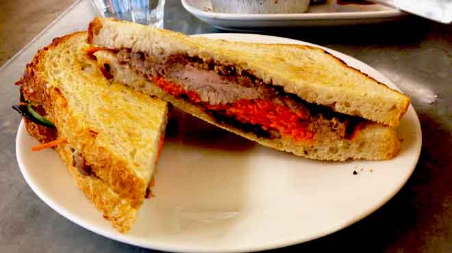 Braised Pork, Crispy Pancetta, Plum Chutney, Pickled Carrot, Cucumber, Lemon Mayo 