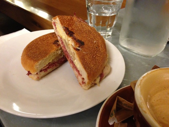 Bialy of Corned Wagyu Beef, Swiss Cheese, Sour Cabbage & Dijonnaise