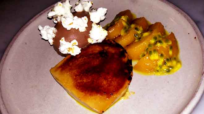 Burnt Milk Custard with Chocolate Ice-Cream and Peaches