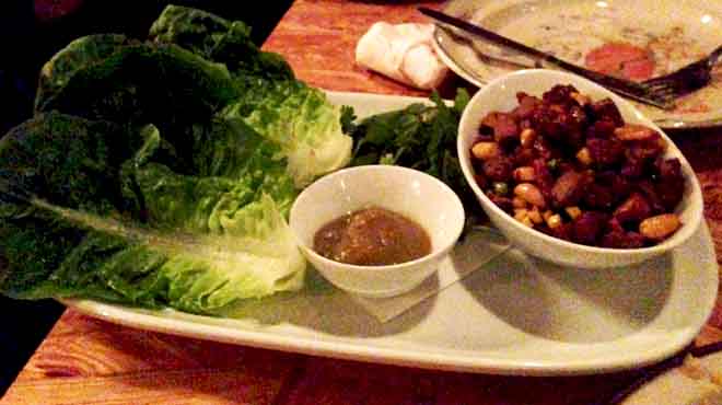 Sichuan Lamb served with Cos Lettuce and a Smoky Eggplant puree
