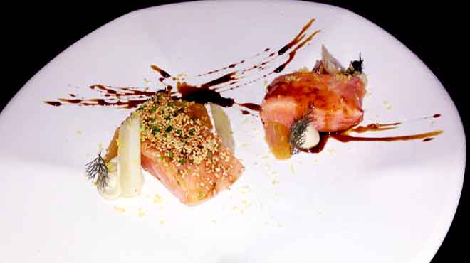 Confit Salmon with Pomegranate and Baba Ganoush 